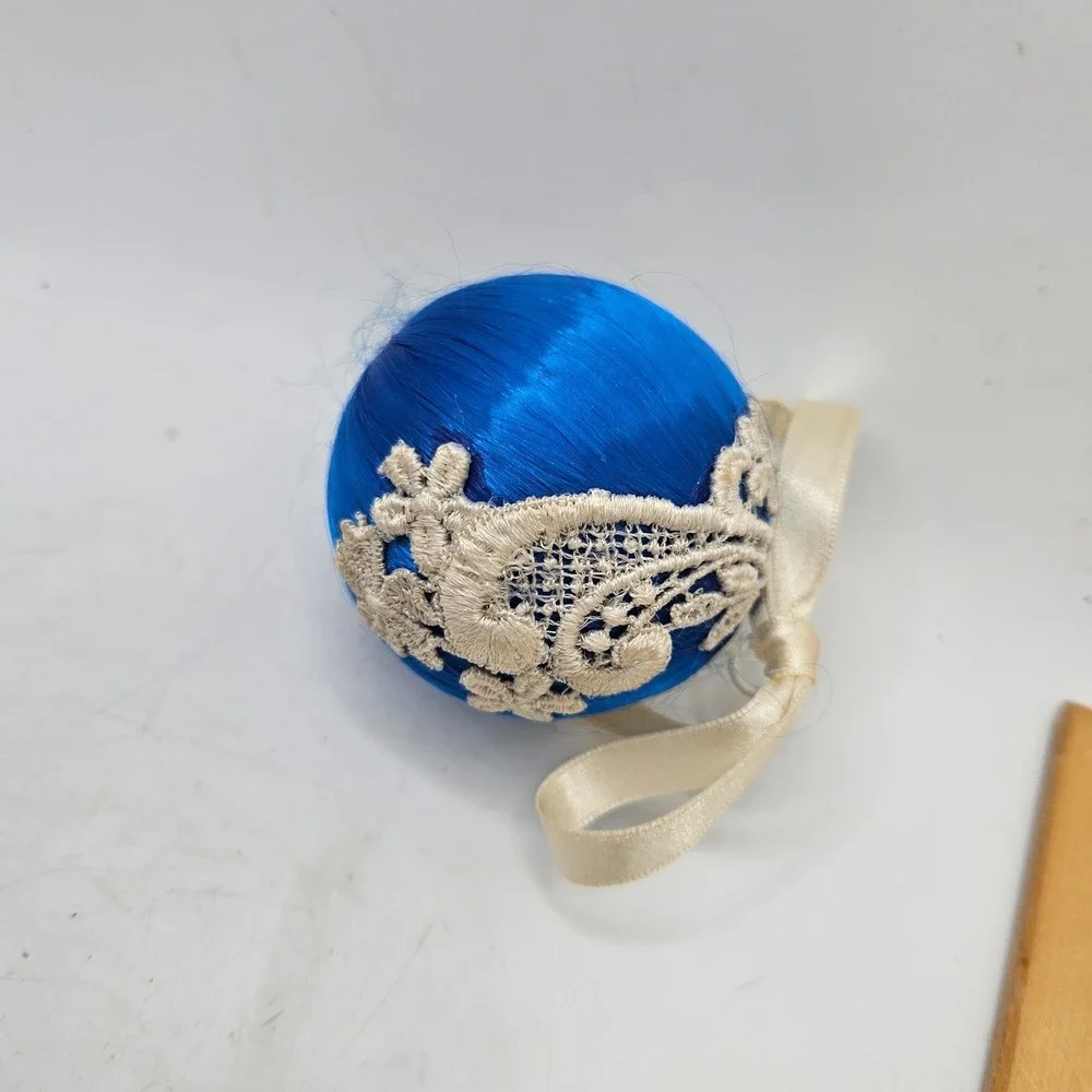 Vintage Style Blue Satin Thread Ball Ornament Lace Ribbon Handmade